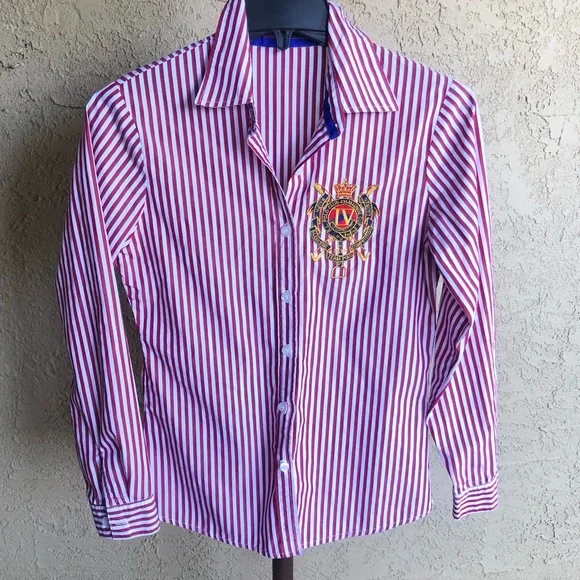 Ralph Lauren Blue Label Preppy Button Down Top with Large Crest Logo - Picture 1 of 4